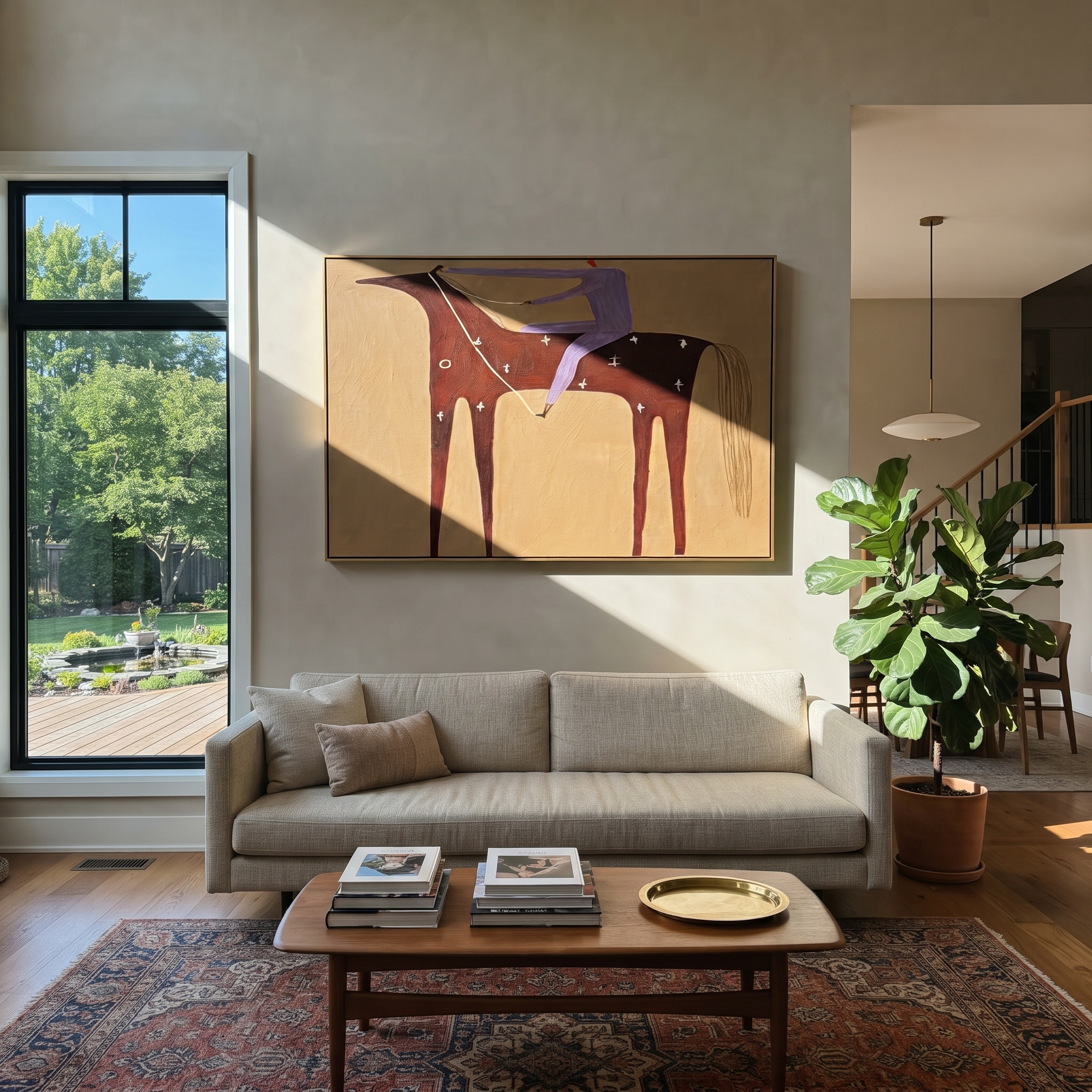 Purple Rider Crosses Sand - burgundy horse rider painting by Isabelle Laurent, modern Western horizontal wall art – styled room scene view 1