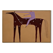 Purple Rider Crosses Sand - burgundy horse rider painting by Isabelle Laurent, modern Western horizontal wall art – wood frame on white background