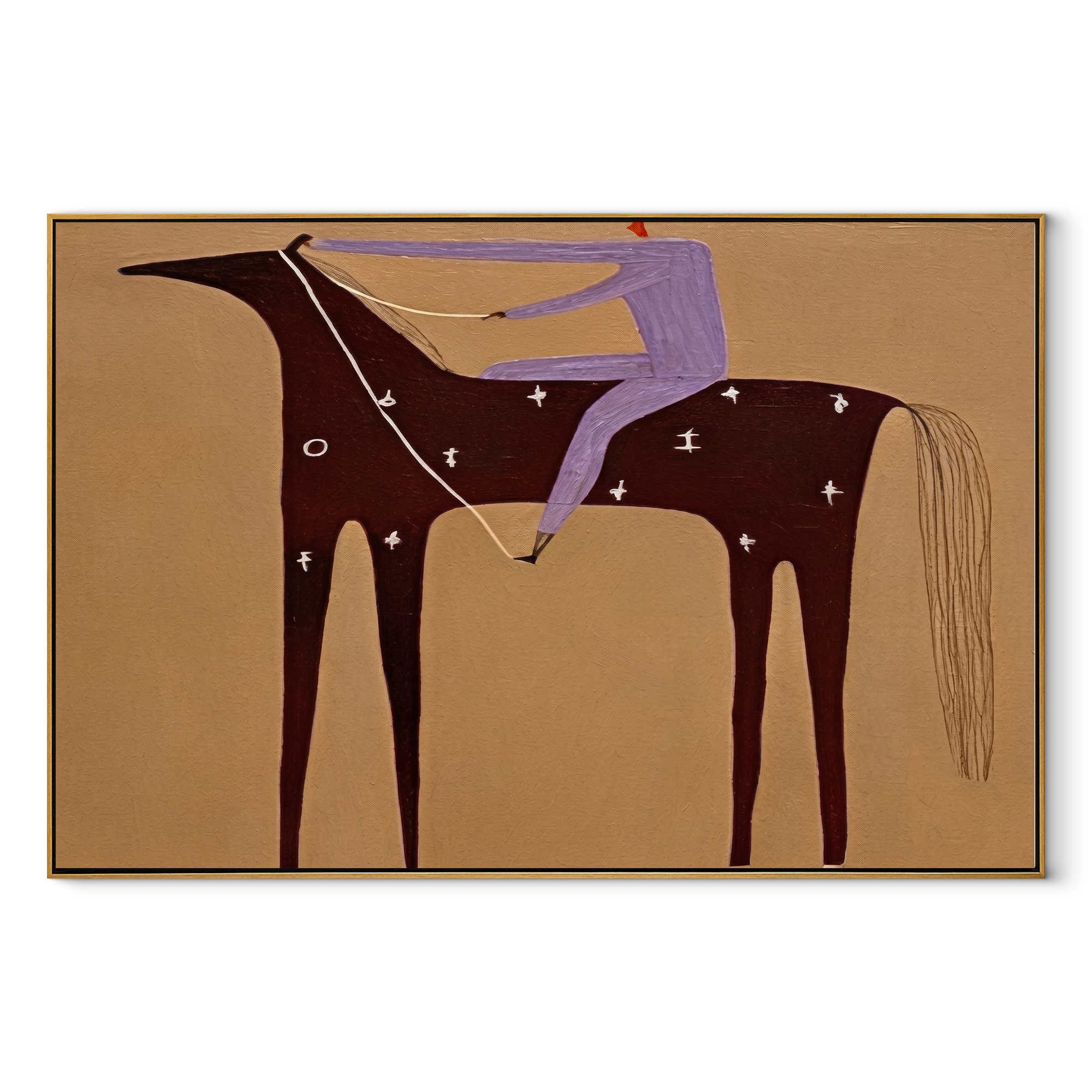 Purple Rider Crosses Sand - burgundy horse rider painting by Isabelle Laurent, modern Western horizontal wall art – wood frame on white background