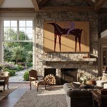 Purple Rider Crosses Sand - burgundy horse rider painting by Isabelle Laurent, modern Western horizontal wall art – styled room scene view 2