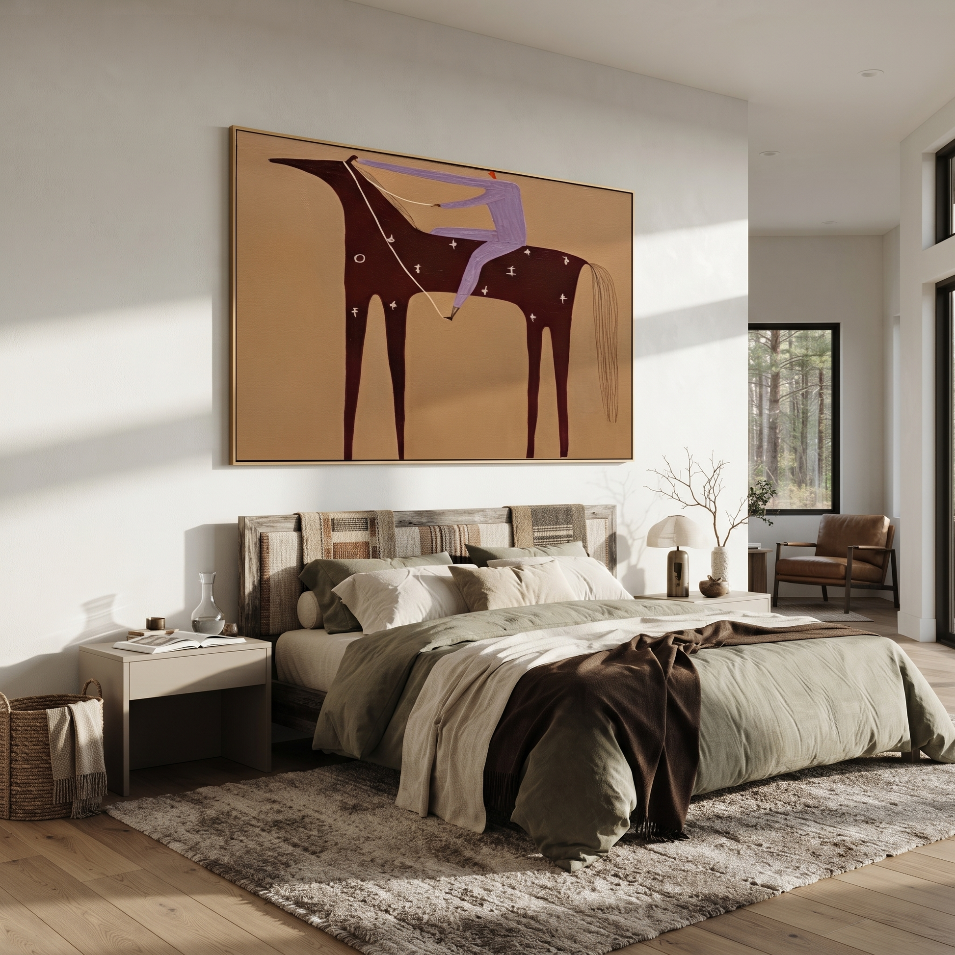 Purple Rider Crosses Sand - burgundy horse rider painting by Isabelle Laurent, modern Western horizontal wall art – styled room scene view 3