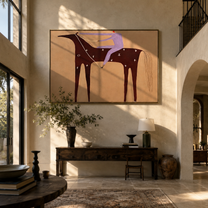 Purple Rider Crosses Sand - burgundy horse rider painting by Isabelle Laurent, modern Western horizontal wall art – styled room scene view 4