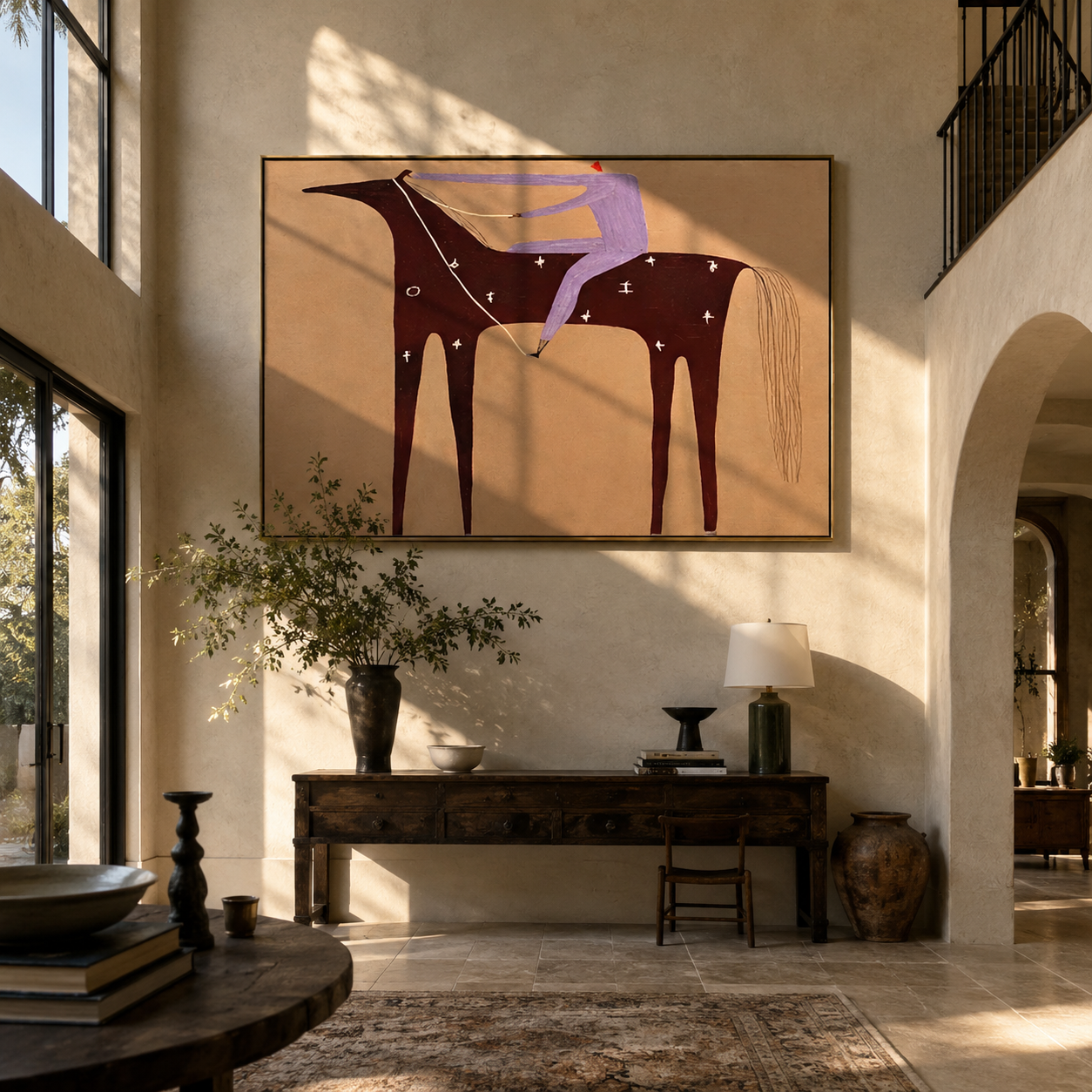 Purple Rider Crosses Sand - burgundy horse rider painting by Isabelle Laurent, modern Western horizontal wall art – styled room scene view 4