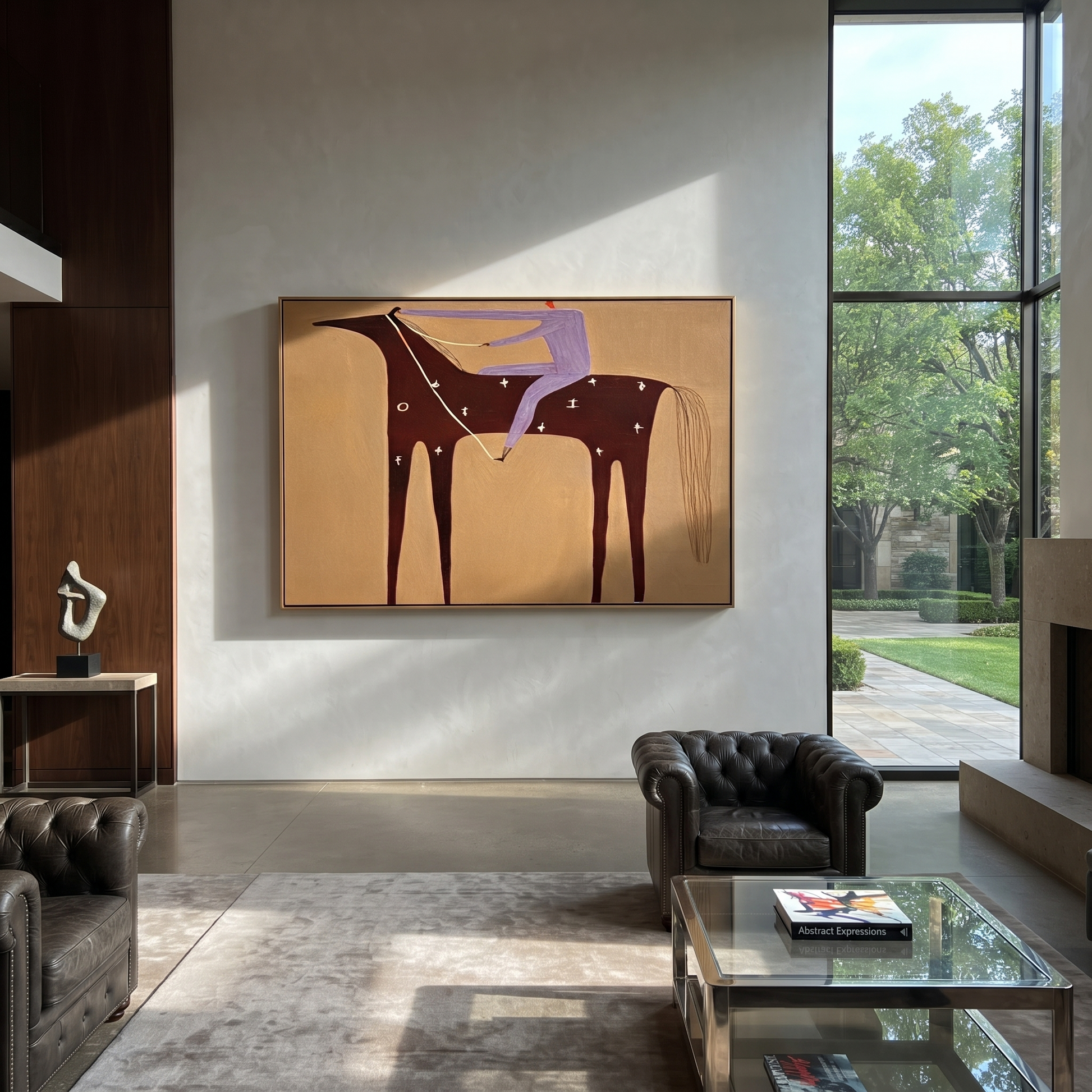 Purple Rider Crosses Sand - burgundy horse rider painting by Isabelle Laurent, modern Western horizontal wall art – styled room scene view 5