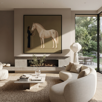 White Horse Greets Midnight - woman and white horse painting by Isabelle Laurent, modern Western square wall art – styled room scene view 1