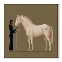 White Horse Greets Midnight - woman and white horse painting by Isabelle Laurent, modern Western square wall art – wood frame on white background