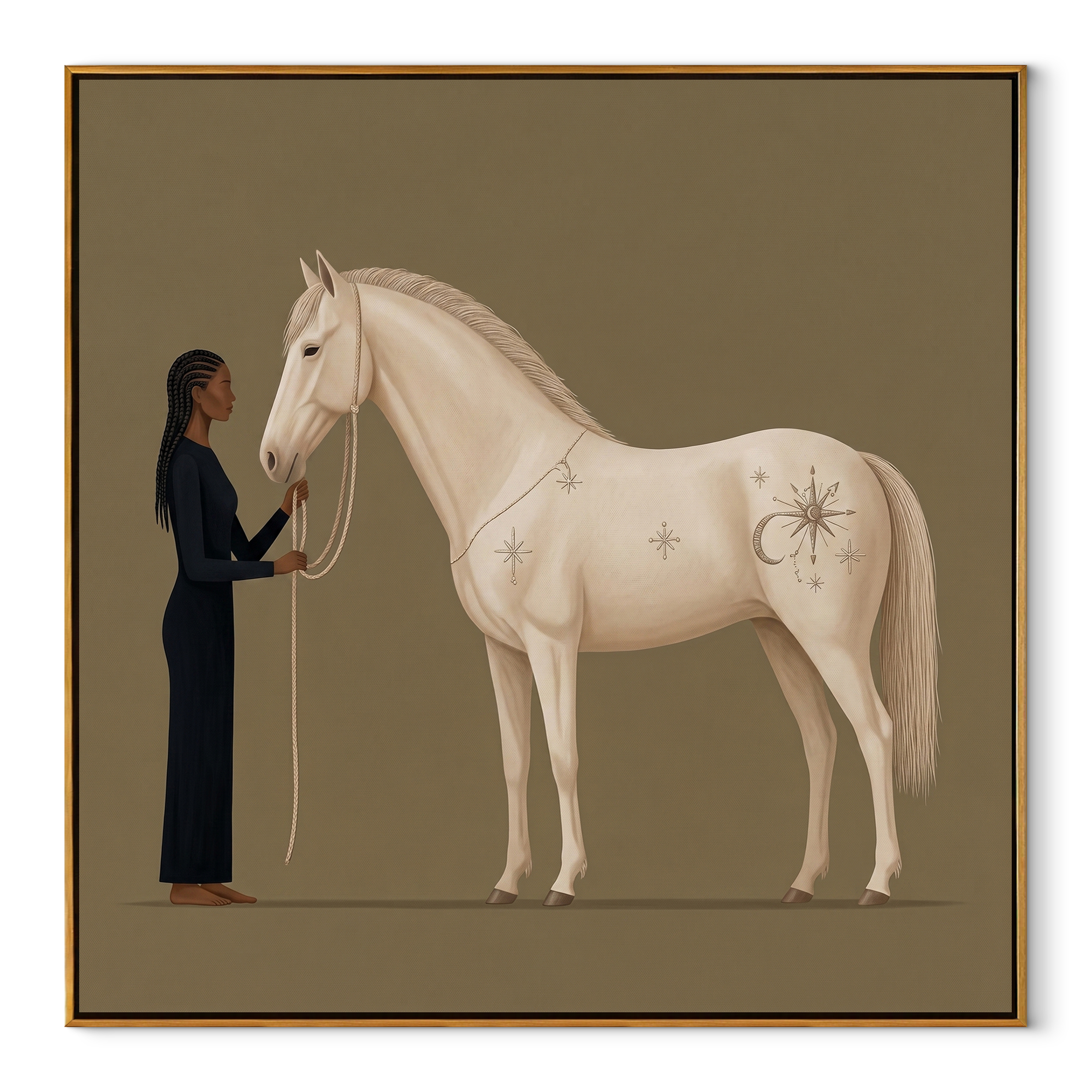 White Horse Greets Midnight - woman and white horse painting by Isabelle Laurent, modern Western square wall art – wood frame on white background
