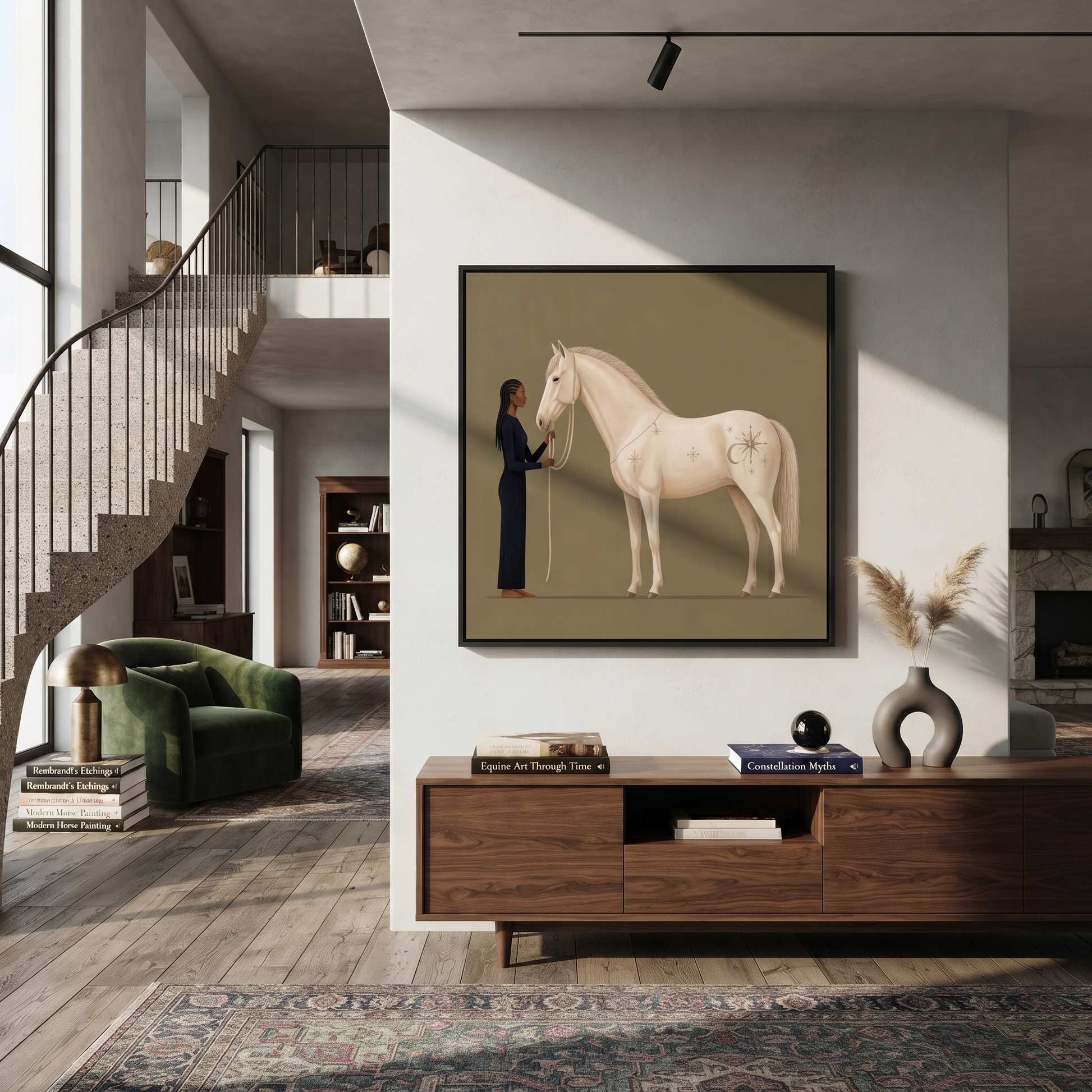 White Horse Greets Midnight - woman and white horse painting by Isabelle Laurent, modern Western square wall art – styled room scene view 3