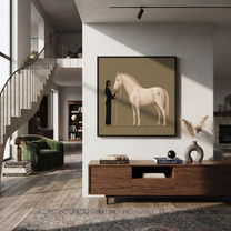 White Horse Greets Midnight - woman and white horse painting by Isabelle Laurent, modern Western square wall art – styled room scene view 3