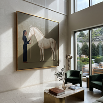 White Horse Greets Midnight - woman and white horse painting by Isabelle Laurent, modern Western square wall art – styled room scene view 4