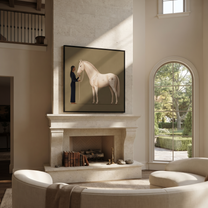 White Horse Greets Midnight - woman and white horse painting by Isabelle Laurent, modern Western square wall art – styled room scene view 5