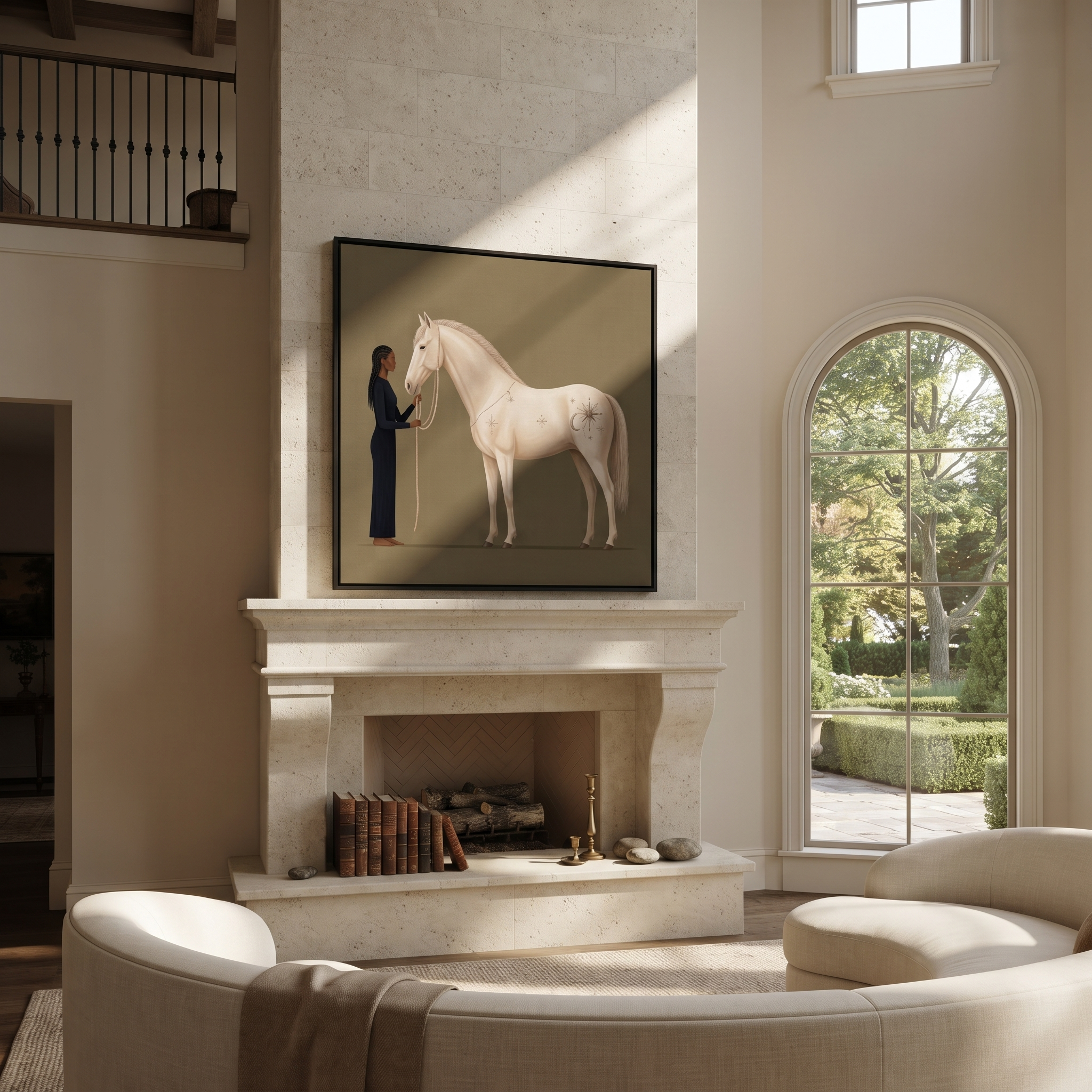 White Horse Greets Midnight - woman and white horse painting by Isabelle Laurent, modern Western square wall art – styled room scene view 5