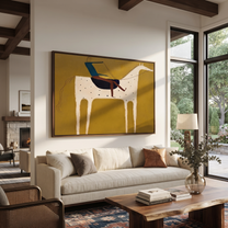 Blue Rider Crosses Mustard - spotted white horse painting by Isabelle Laurent, modern Western horizontal wall art – styled room scene view 1