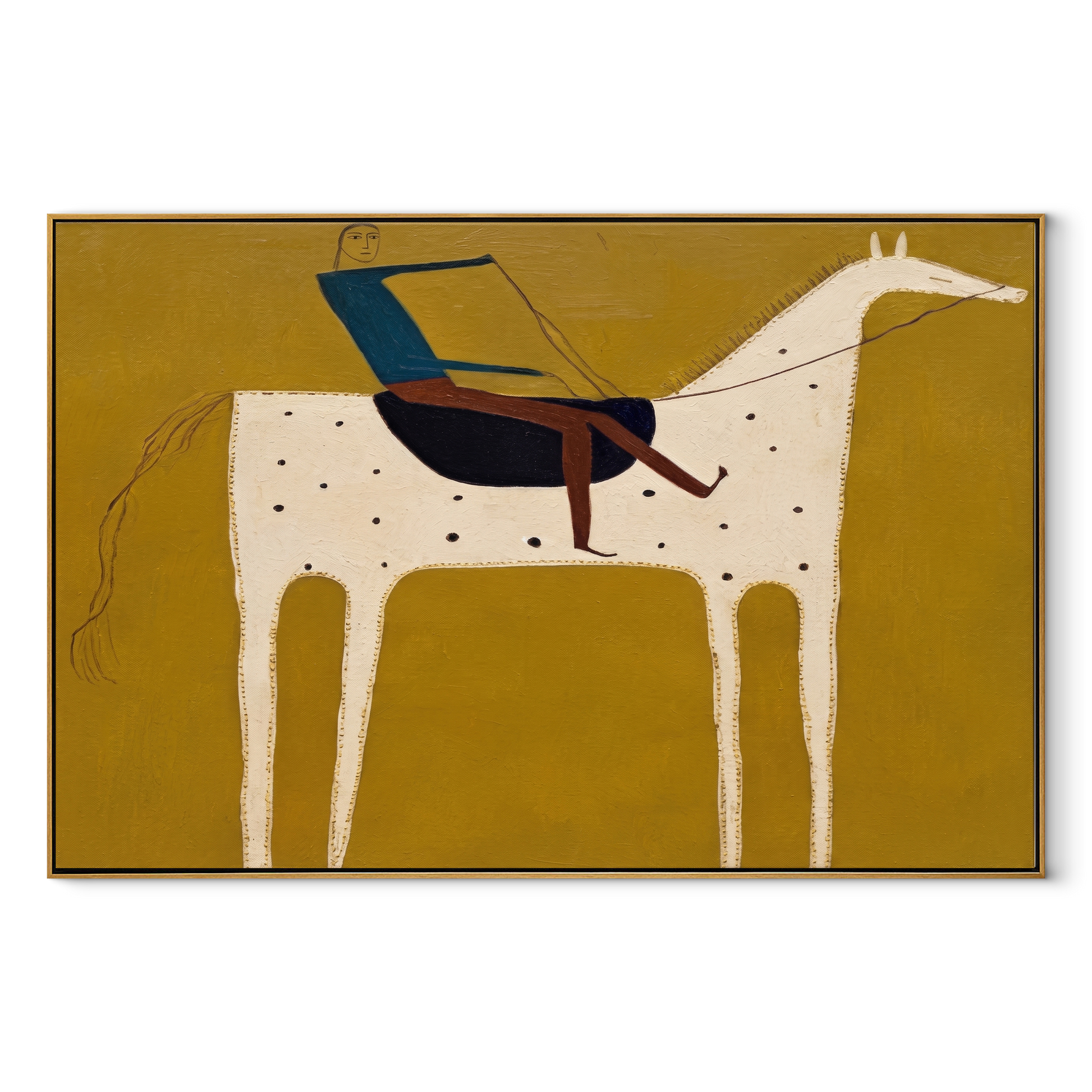 Blue Rider Crosses Mustard - spotted white horse painting by Isabelle Laurent, modern Western horizontal wall art – wood frame on white background