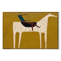 Blue Rider Crosses Mustard - spotted white horse painting by Isabelle Laurent, modern Western horizontal wall art – wood frame on white background