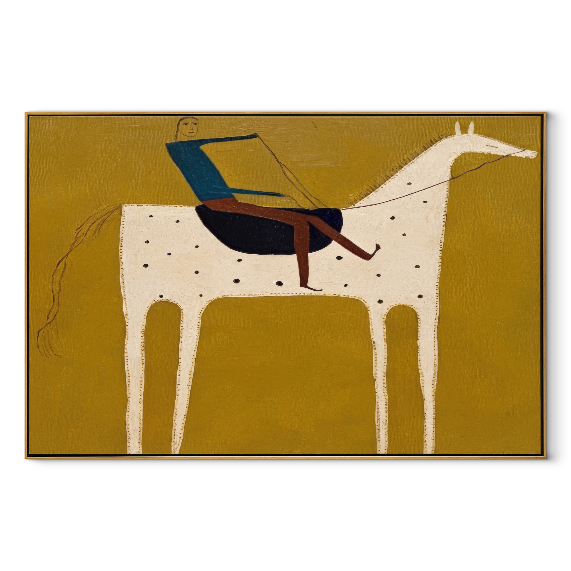 Blue Rider Crosses Mustard - spotted white horse painting by Isabelle Laurent, modern Western horizontal wall art – wood frame on white background