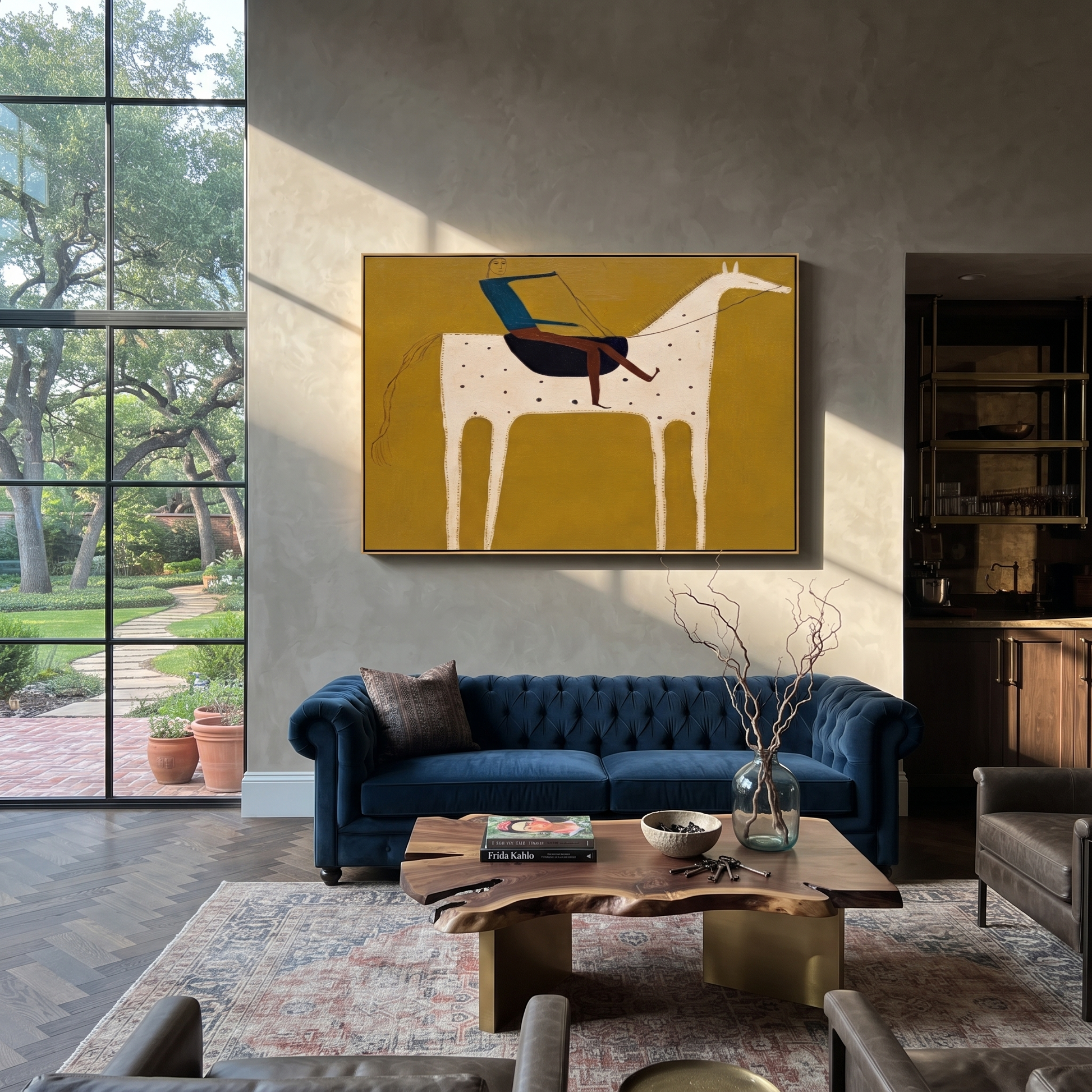 Blue Rider Crosses Mustard - spotted white horse painting by Isabelle Laurent, modern Western horizontal wall art – styled room scene view 2