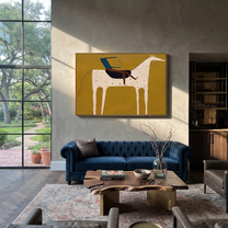 Blue Rider Crosses Mustard - spotted white horse painting by Isabelle Laurent, modern Western horizontal wall art – styled room scene view 2