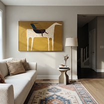 Blue Rider Crosses Mustard - spotted white horse painting by Isabelle Laurent, modern Western horizontal wall art – styled room scene view 3