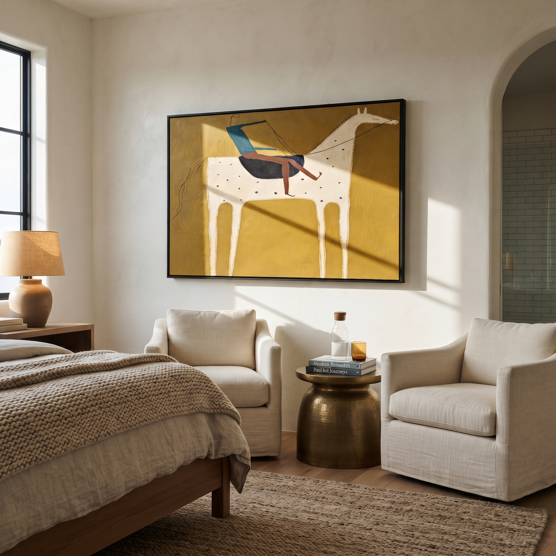 Blue Rider Crosses Mustard - spotted white horse painting by Isabelle Laurent, modern Western horizontal wall art – styled room scene view 4