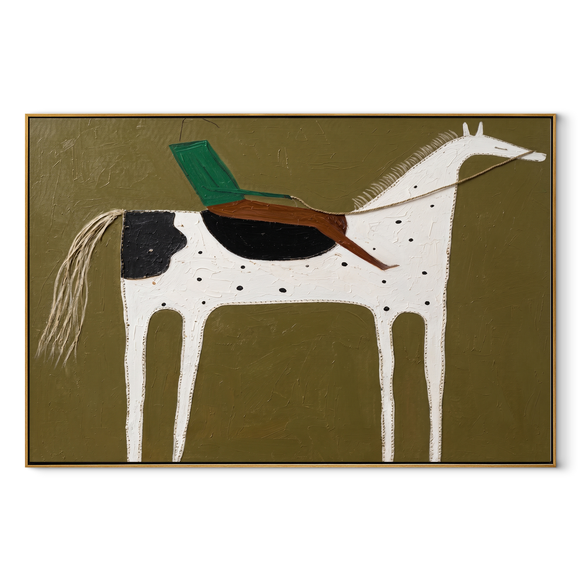 Green Rider Crosses Olive - spotted white horse painting by Isabelle Laurent, modern Western horizontal wall art – wood frame on white background
