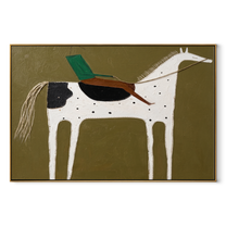 Green Rider Crosses Olive - spotted white horse painting by Isabelle Laurent, modern Western horizontal wall art – wood frame on white background