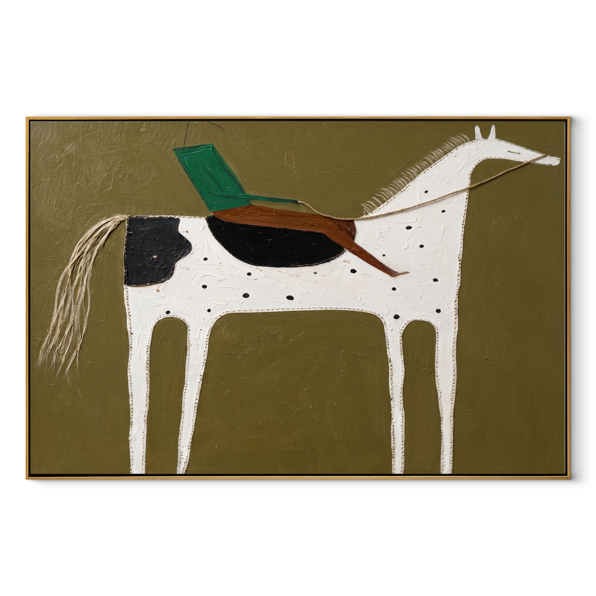 Green Rider Crosses Olive - spotted white horse painting by Isabelle Laurent, modern Western horizontal wall art – wood frame on white background