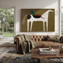 Green Rider Crosses Olive - spotted white horse painting by Isabelle Laurent, modern Western horizontal wall art – styled room scene view 2