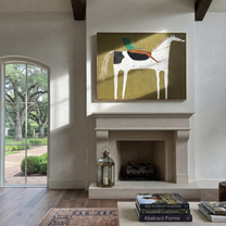 Green Rider Crosses Olive - spotted white horse painting by Isabelle Laurent, modern Western horizontal wall art – styled room scene view 3