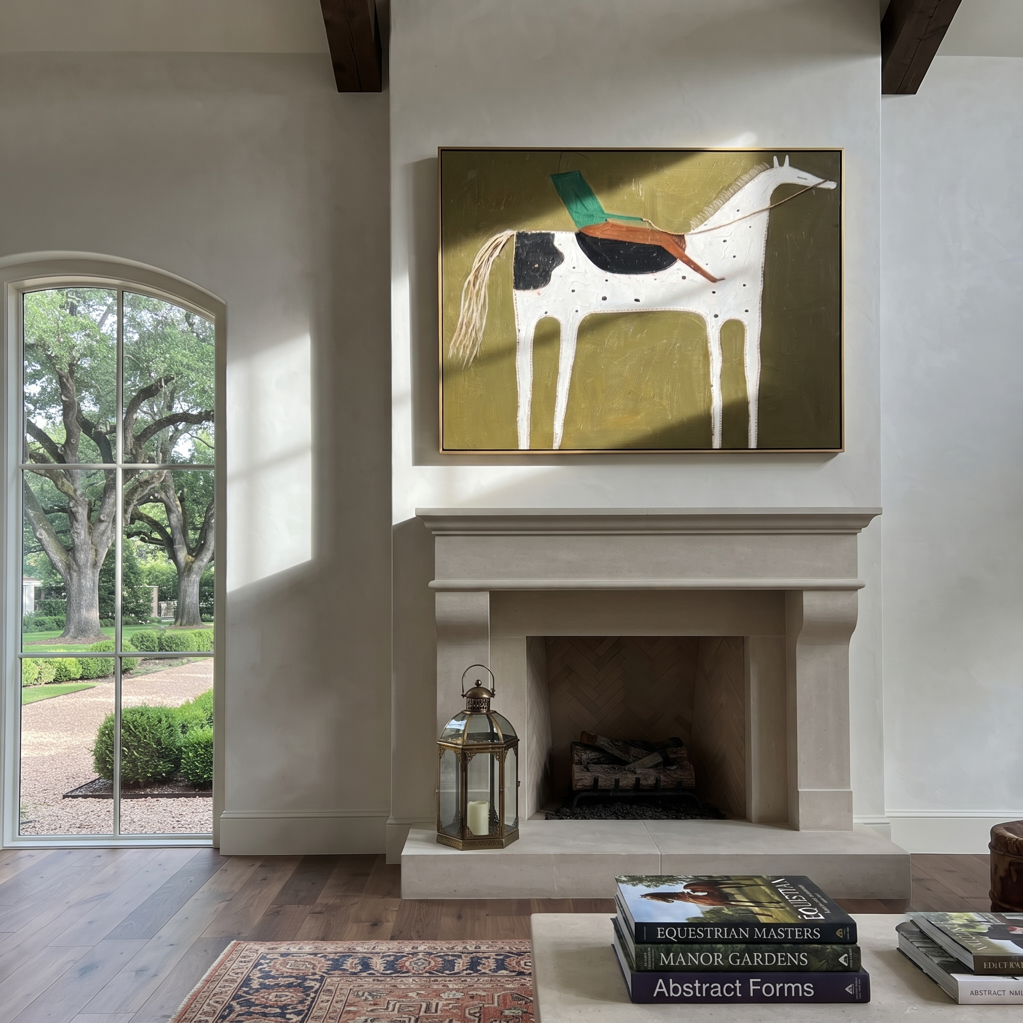 Green Rider Crosses Olive - spotted white horse painting by Isabelle Laurent, modern Western horizontal wall art – styled room scene view 3