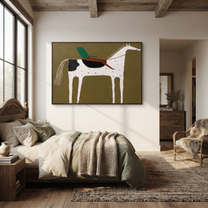 Green Rider Crosses Olive - spotted white horse painting by Isabelle Laurent, modern Western horizontal wall art – styled room scene view 4
