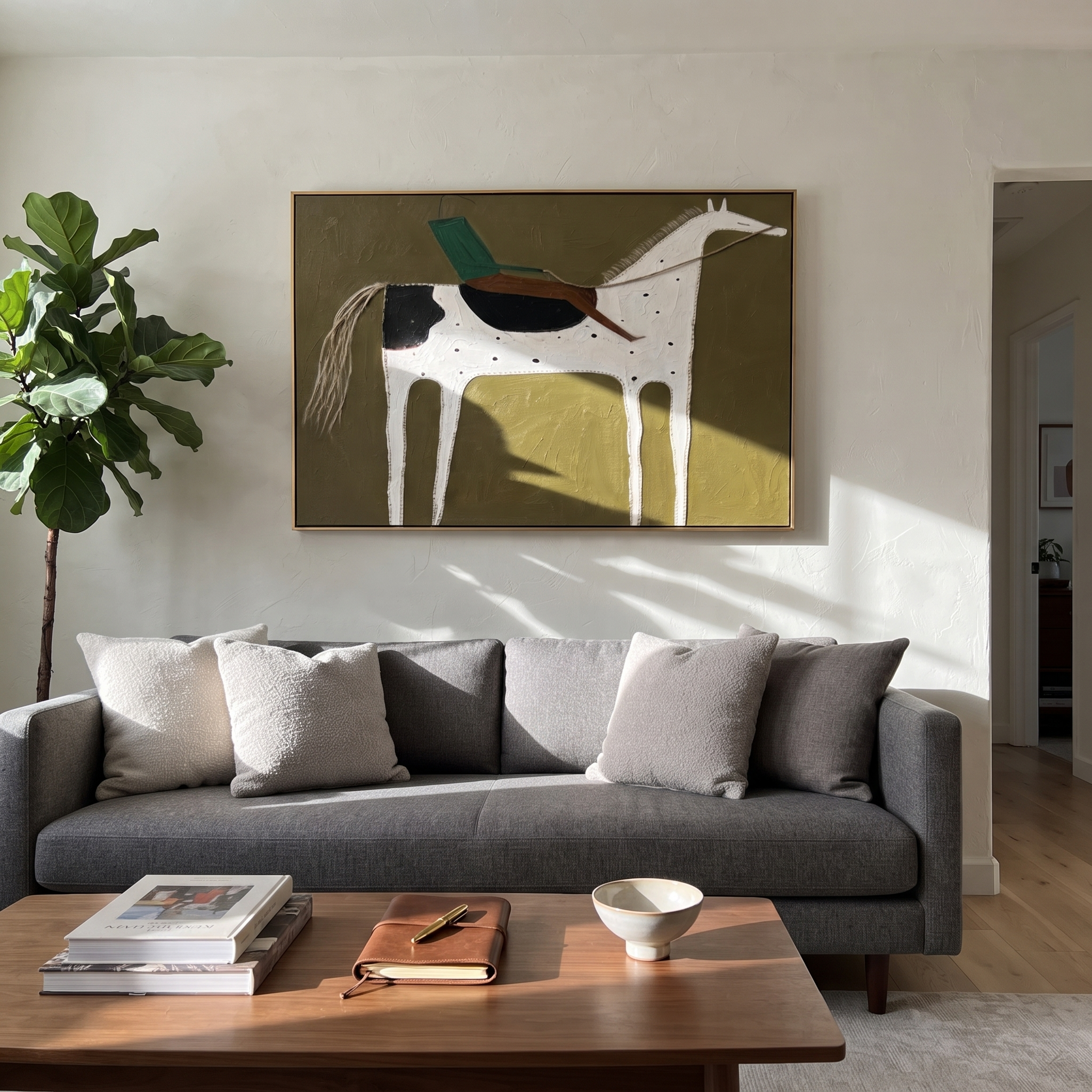Green Rider Crosses Olive - spotted white horse painting by Isabelle Laurent, modern Western horizontal wall art – styled room scene view 5