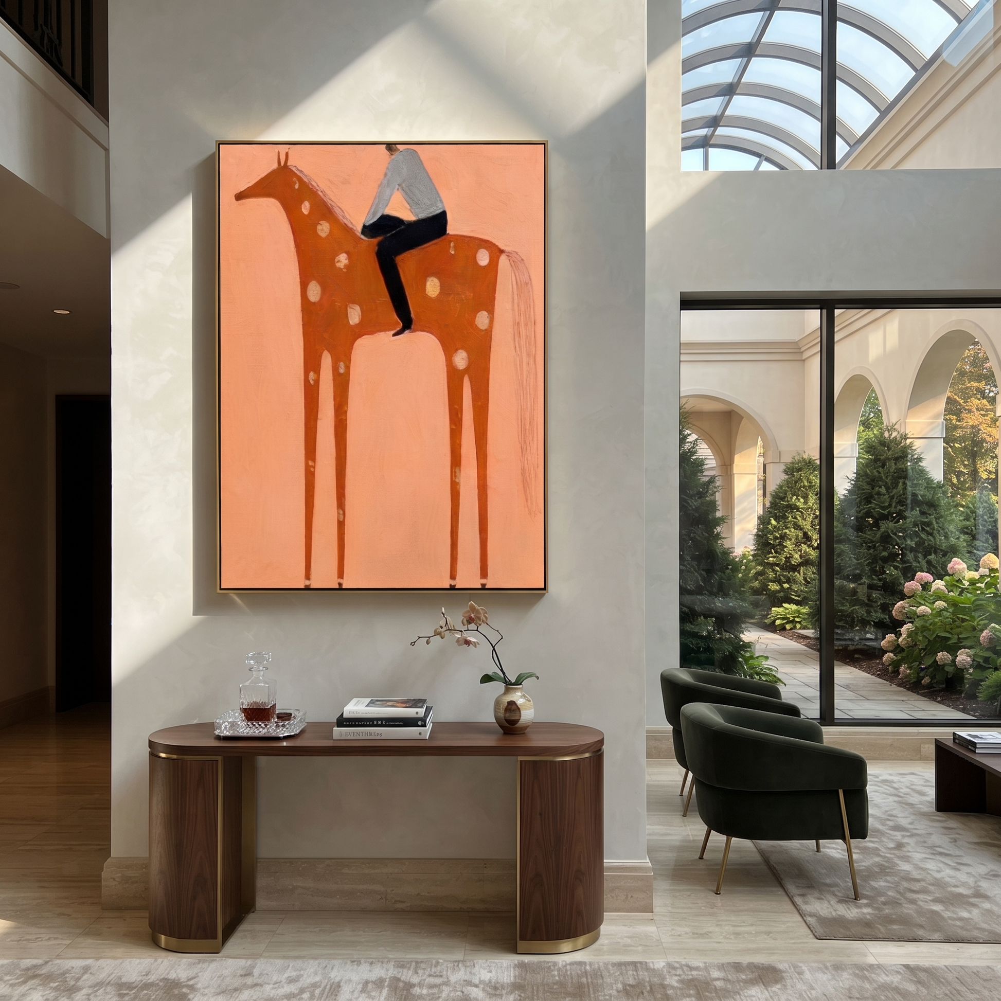 Silver Shirt Meets Coral - spotted orange horse painting by Isabelle Laurent, modern Western vertical wall art – styled room scene view 1