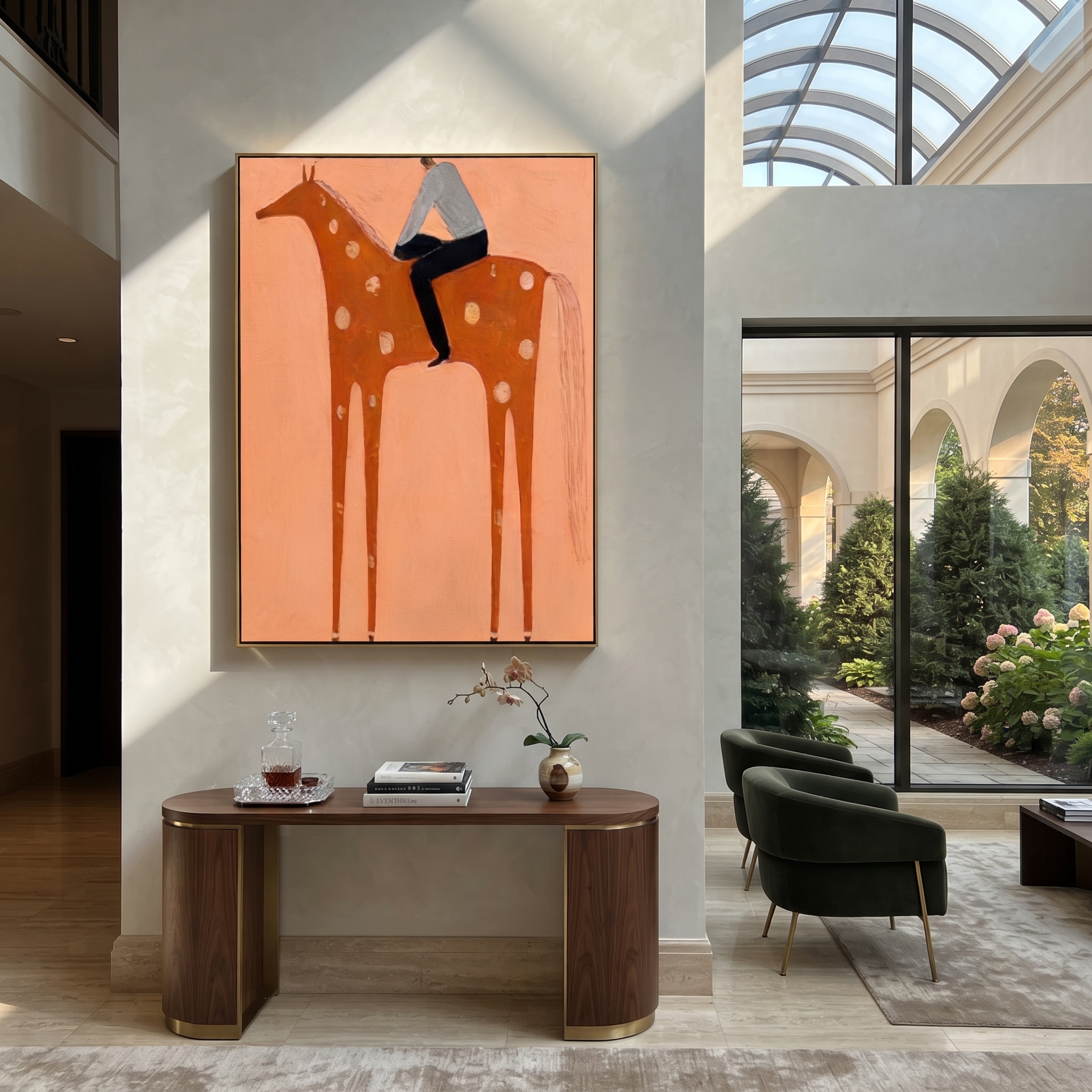 Silver Shirt Meets Coral - spotted orange horse painting by Isabelle Laurent, modern Western vertical wall art – styled room scene view 1