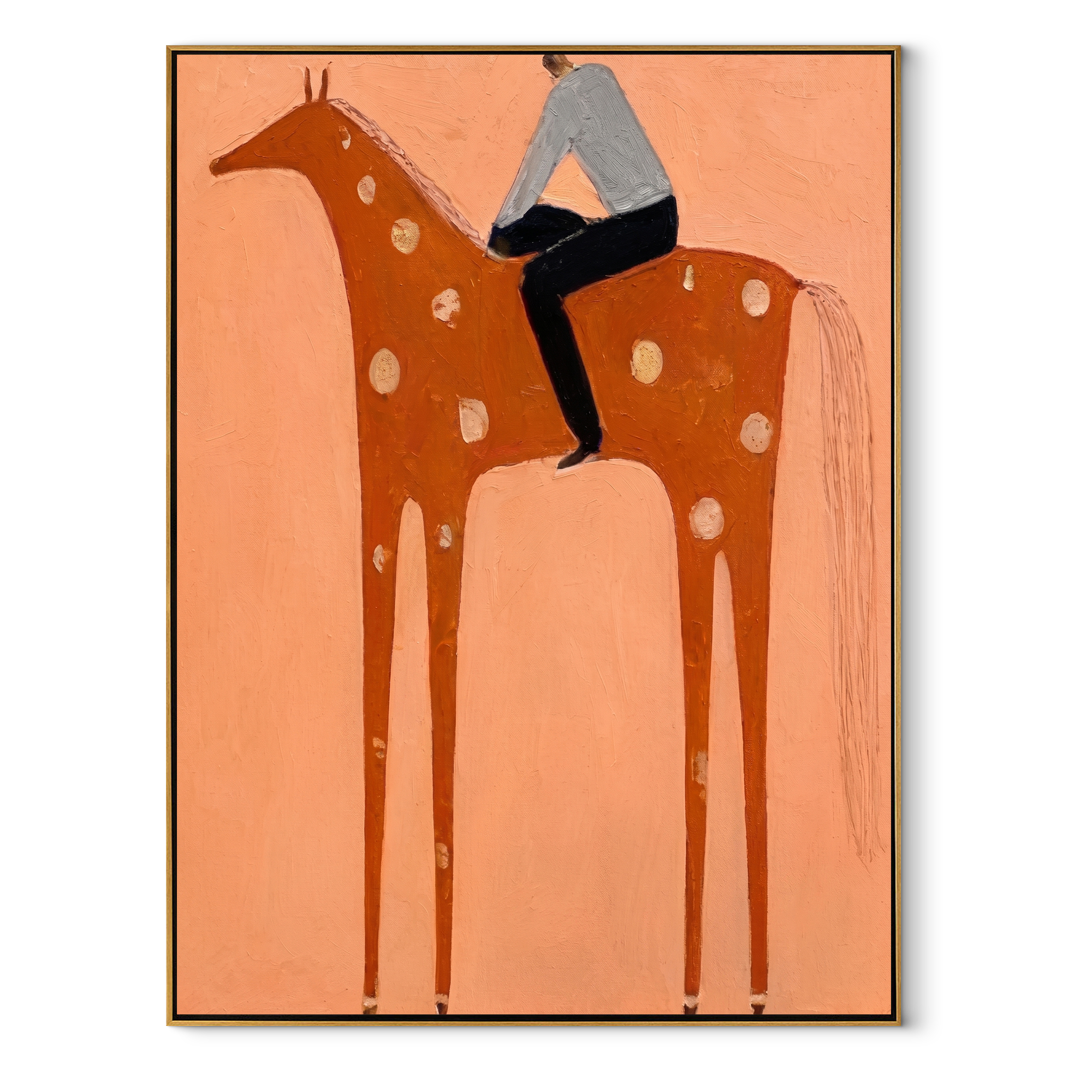 Silver Shirt Meets Coral - spotted orange horse painting by Isabelle Laurent, modern Western vertical wall art – wood frame on white background