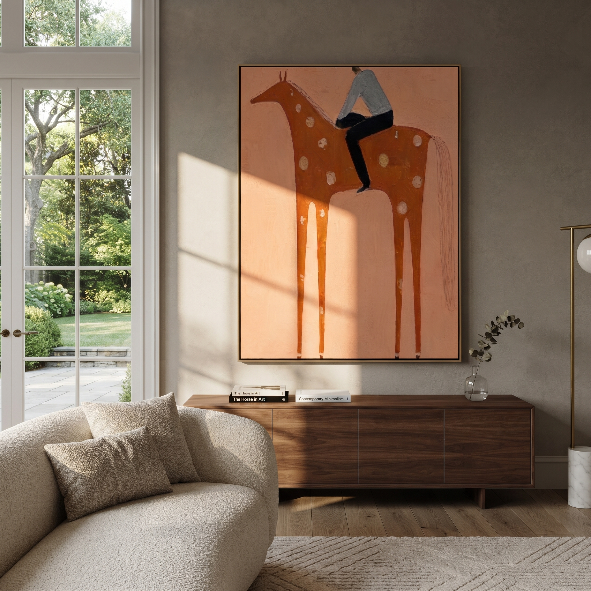 Silver Shirt Meets Coral - spotted orange horse painting by Isabelle Laurent, modern Western vertical wall art – styled room scene view 2