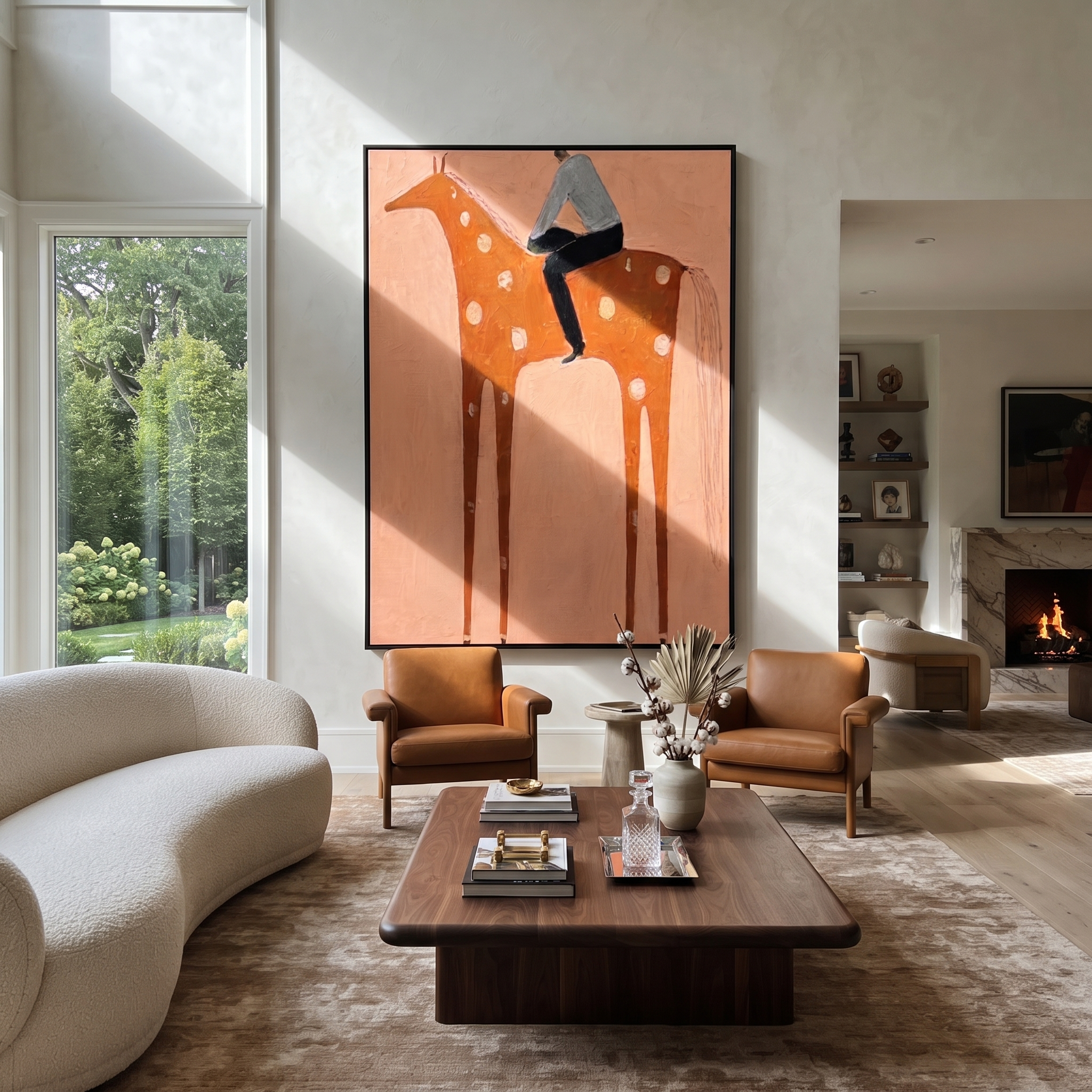 Silver Shirt Meets Coral - spotted orange horse painting by Isabelle Laurent, modern Western vertical wall art – styled room scene view 3