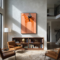 Silver Shirt Meets Coral - spotted orange horse painting by Isabelle Laurent, modern Western vertical wall art – styled room scene view 4