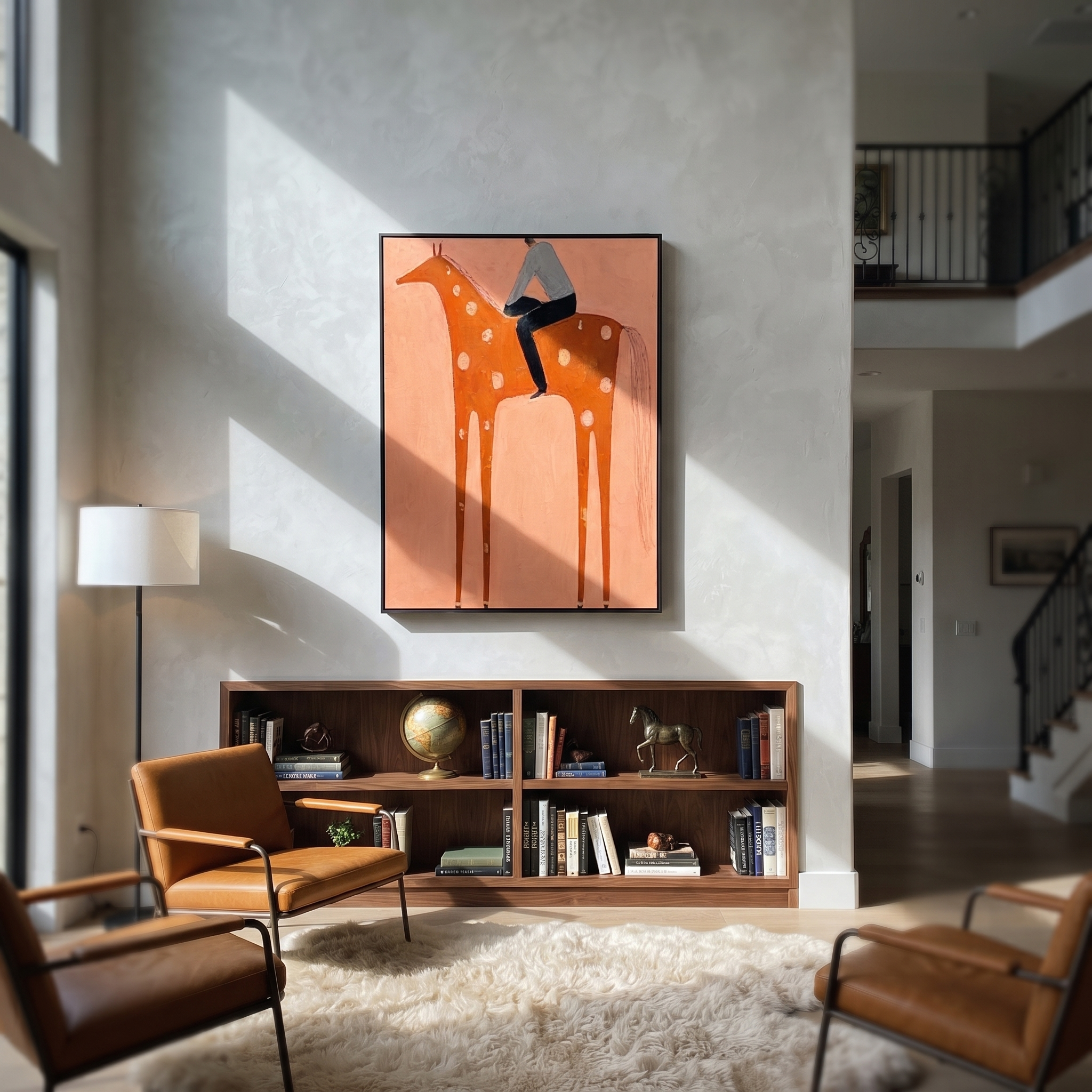 Silver Shirt Meets Coral - spotted orange horse painting by Isabelle Laurent, modern Western vertical wall art – styled room scene view 4