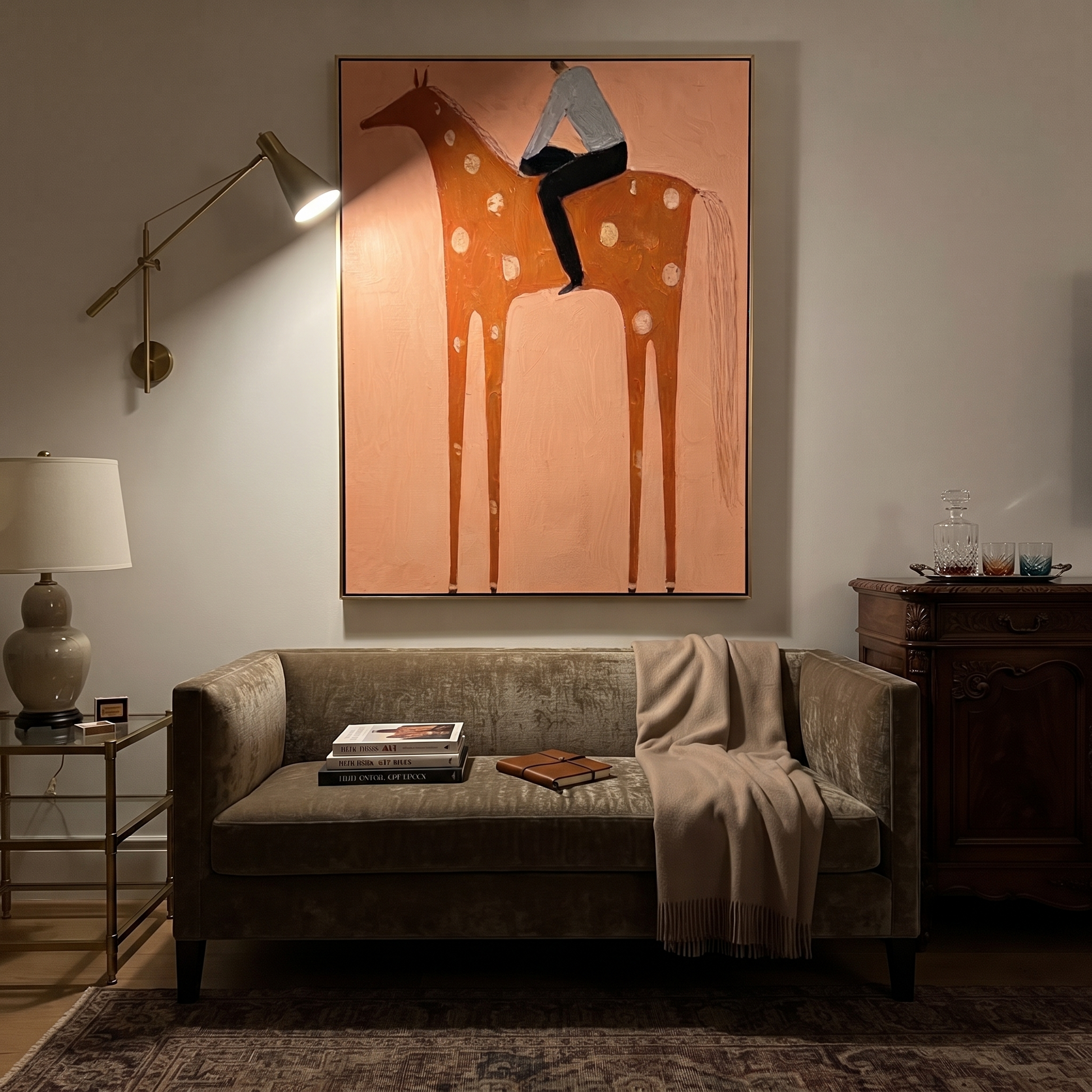 Silver Shirt Meets Coral - spotted orange horse painting by Isabelle Laurent, modern Western vertical wall art – styled room scene view 5