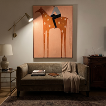 Silver Shirt Meets Coral - spotted orange horse painting by Isabelle Laurent, modern Western vertical wall art – styled room scene view 5