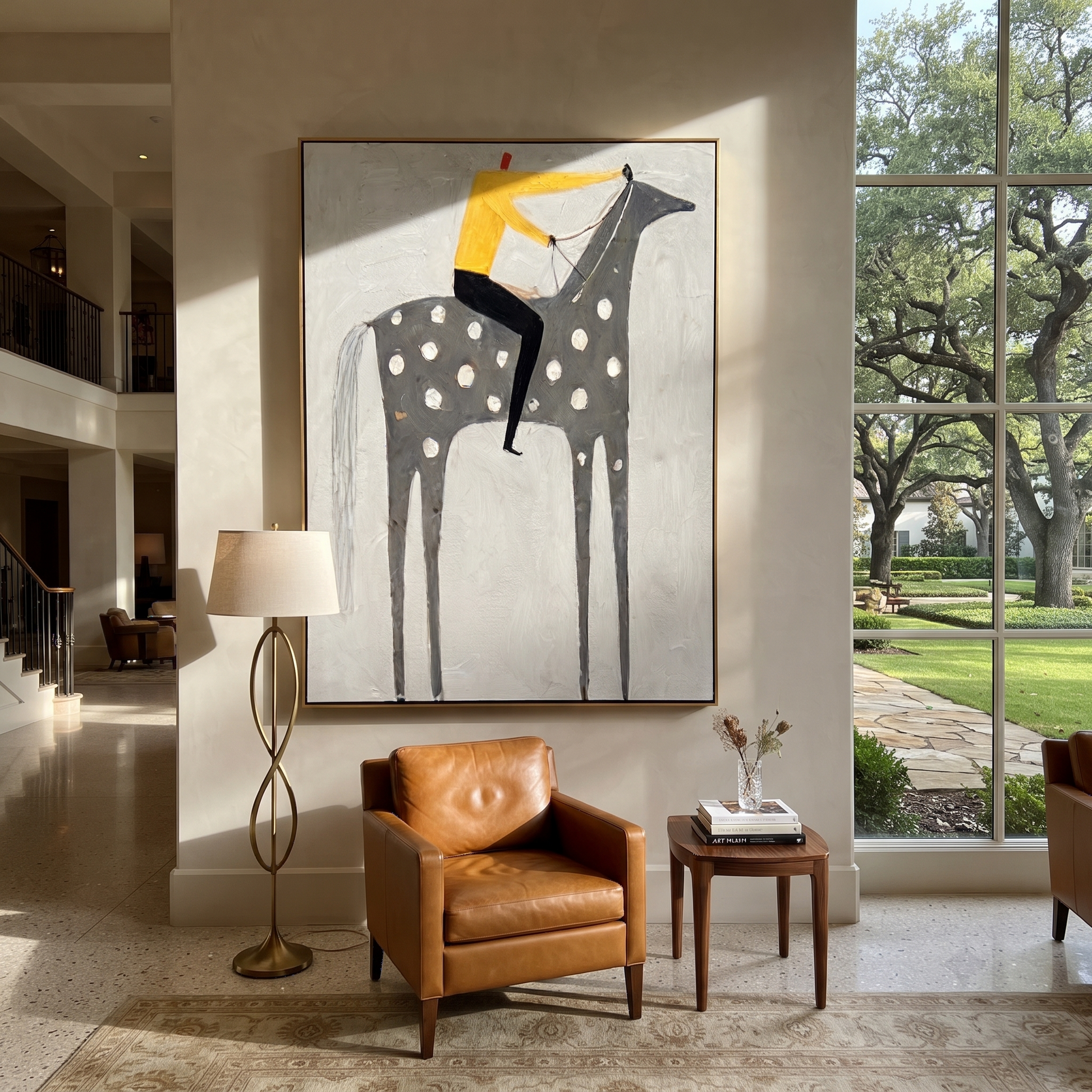 Yellow Shirt Rides Silver - spotted gray horse painting by Isabelle Laurent, modern Western vertical wall art – styled room scene view 1