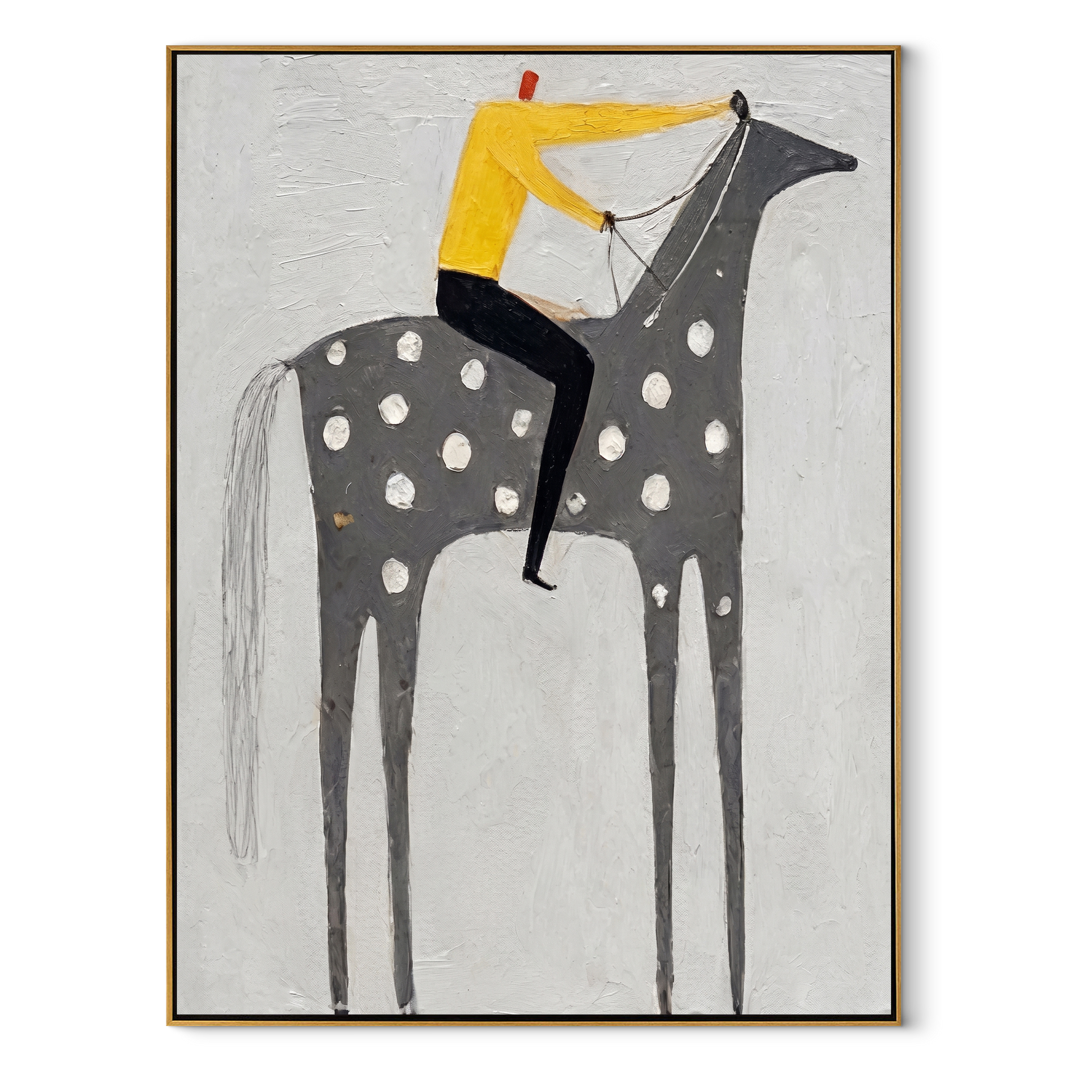 Yellow Shirt Rides Silver - spotted gray horse painting by Isabelle Laurent, modern Western vertical wall art – wood frame on white background