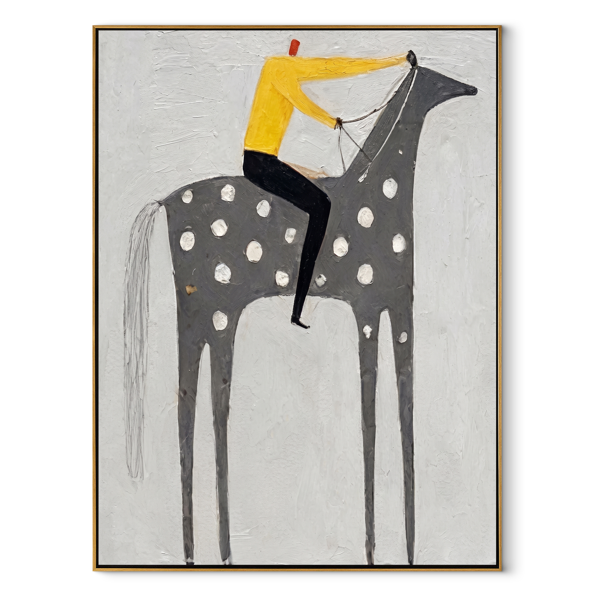 Yellow Shirt Rides Silver - spotted gray horse painting by Isabelle Laurent, modern Western vertical wall art – wood frame on white background