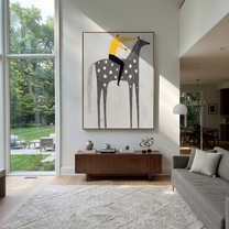 Yellow Shirt Rides Silver - spotted gray horse painting by Isabelle Laurent, modern Western vertical wall art – styled room scene view 2