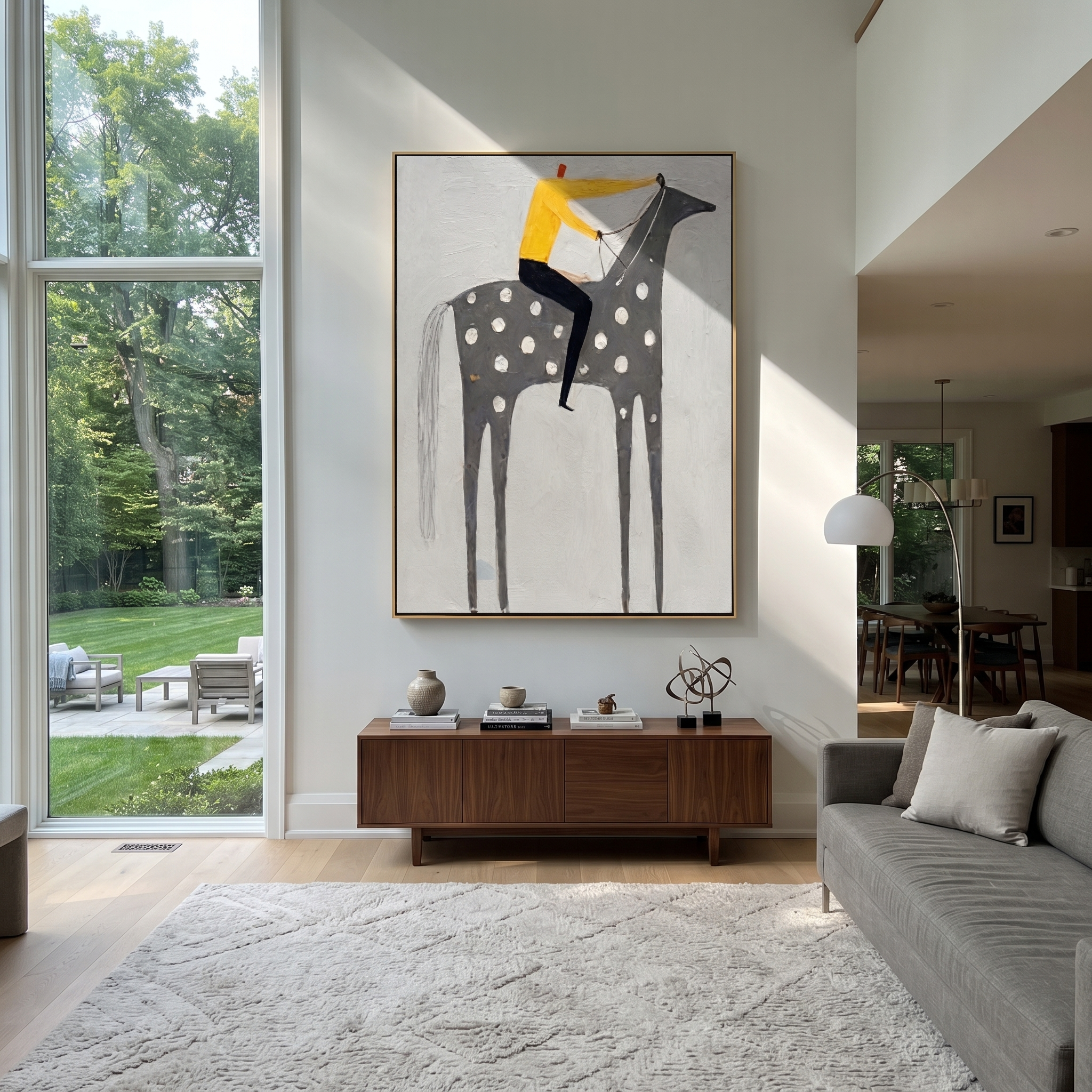 Yellow Shirt Rides Silver - spotted gray horse painting by Isabelle Laurent, modern Western vertical wall art – styled room scene view 2