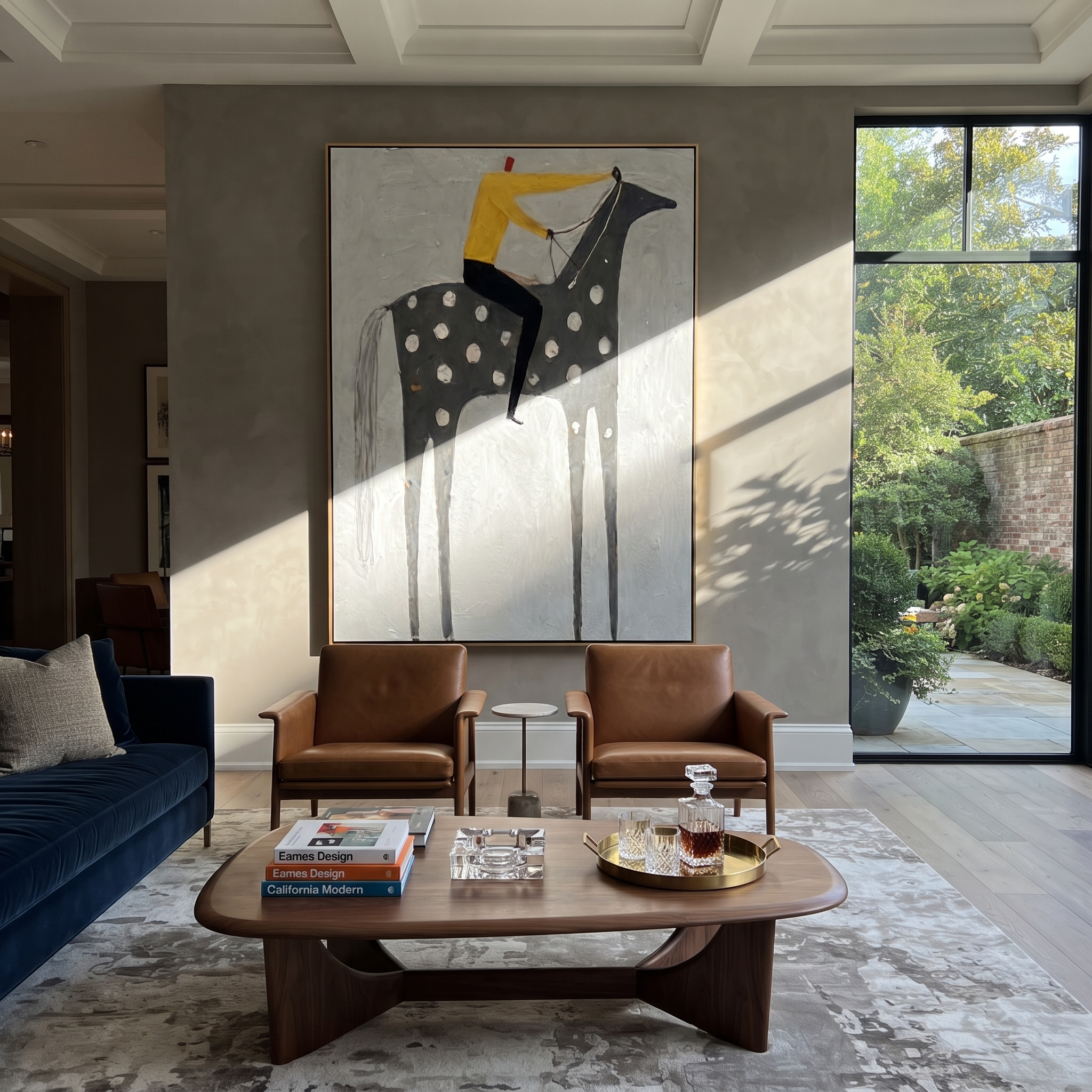 Yellow Shirt Rides Silver - spotted gray horse painting by Isabelle Laurent, modern Western vertical wall art – styled room scene view 4