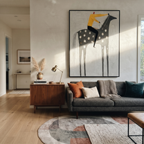 Yellow Shirt Rides Silver - spotted gray horse painting by Isabelle Laurent, modern Western vertical wall art – styled room scene view 5