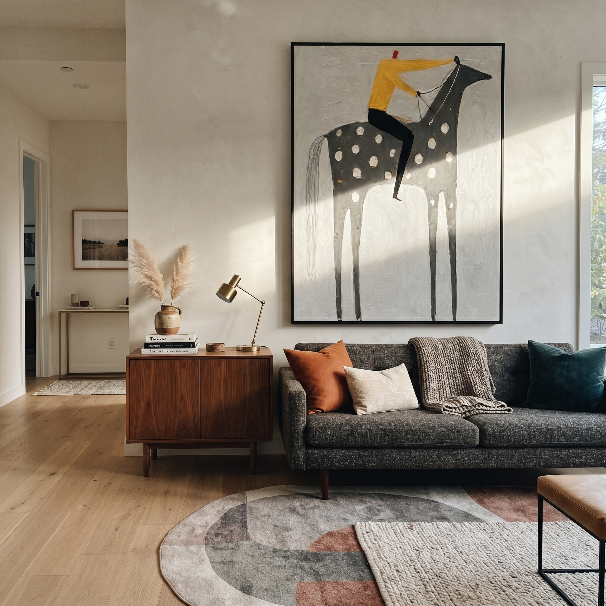 Yellow Shirt Rides Silver - spotted gray horse painting by Isabelle Laurent, modern Western vertical wall art – styled room scene view 5