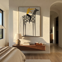 Yellow Shirt Rides Silver - spotted gray horse painting by Isabelle Laurent, modern Western vertical wall art – styled room scene view 6